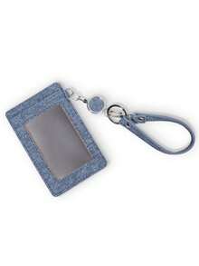 Business Casual Blue Denim Texture Transparent Window ID Badge Holder With Wrist Strap, Portable PU Leather Card Holder, Women's Style - Multicolor - View 14
