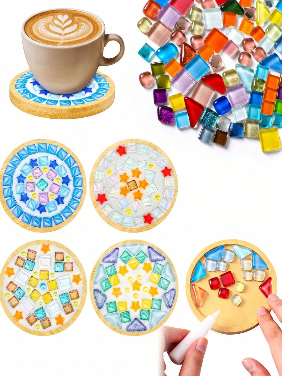 1pc DIY Mosaic Tile Handmade Kit, Featuring Multi-Color Mosaic Combination, Suitable For Adults. The Set Includes Round And Square Trays And DIY Craft Materials, Perfect For Parties, Holidays And Craft Projects, Ideal Choice For Home Decor And Gifts. - Multiple Styles - View 1