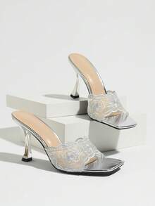 Jin Bei Qi Women's Silver Floral Lace Embroidered Mule High Heel Sandals, Square Toe Open Toe Kitten Heel Wedding Party Outdoor Wear High Heel Slippers, Glamorous Party High Heels, Bridal Bridesmaid Shoes 9cm - Silver - View 6