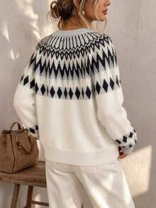 Nordic Relaxed Style Fair Isle Vintage Jacquard Knit Sweater Women's Loose Long Sleeve Pullover Crew Neck Dropped Shoulder Radial Jacquard Texture Soft Skin-Friendly Breathable Daily Wear Early Autumn Outfit Knit Top - White - View 3