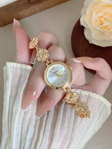 1件女款圓形石英手錶，金色錶殼，金色花卉錶帶，時尚優雅，適合日常配戴 - 金色 - 查看 2