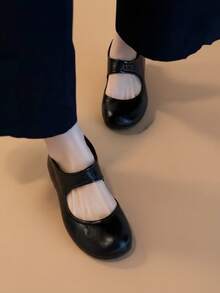 Vintage Chunky Heel Women's New Versatile Round Toe Low Vamp Side Open Ballet Mary Jane Shoes - Black - View 2