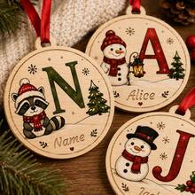Custom Animal Initial Wooden Christmas Ornament, Personalized Name Round Tree Decor, Festive Raccoon Snowman Holiday Style, Customized Letter Bag Charm, Customizable Name Keepsake, Christmas Decoration, Gifts For Family And Friends, Room Decor - Multicolor - View 6
