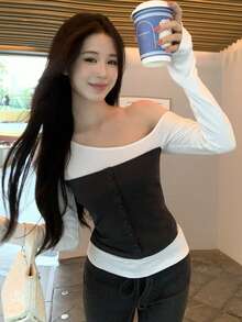 Women's Fashion 2-In-1 Asymmetric One-Shoulder Long Sleeve Top, Front Button Design, Autumn Outfit Essential - Dark Grey - View 5