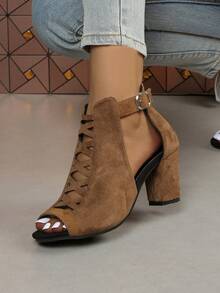 Women's High Heel Sandals Chunky Heel Open Toe Hollow Out Booties Back Zipper High Top Sexy Fashion Sandals Plus Size - Khaki - View 4