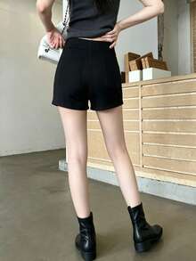 Women's Straight Leg Fabric Mini Shorts, With Zipper Detail, Slight Stretch, Black Casual Shorts - Black - View 2