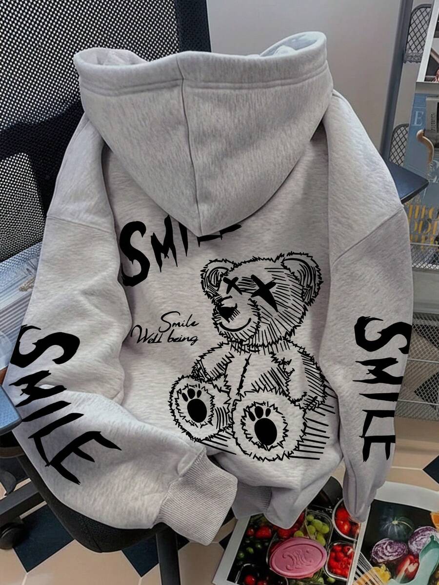 LQTY Autumn And Winter Women's Little Bear Pattern Versatile Fashion Y2K Street Casual Commuting Loose Gray Plus Drawstring Hooded Sweatshirt - Light Grey - View 1