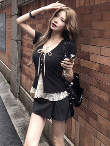 Korean Style Lace Patchwork Short Sleeve Blouse, Fitted & Slimming Design, Unique & Summer Top Black - Black - View 1