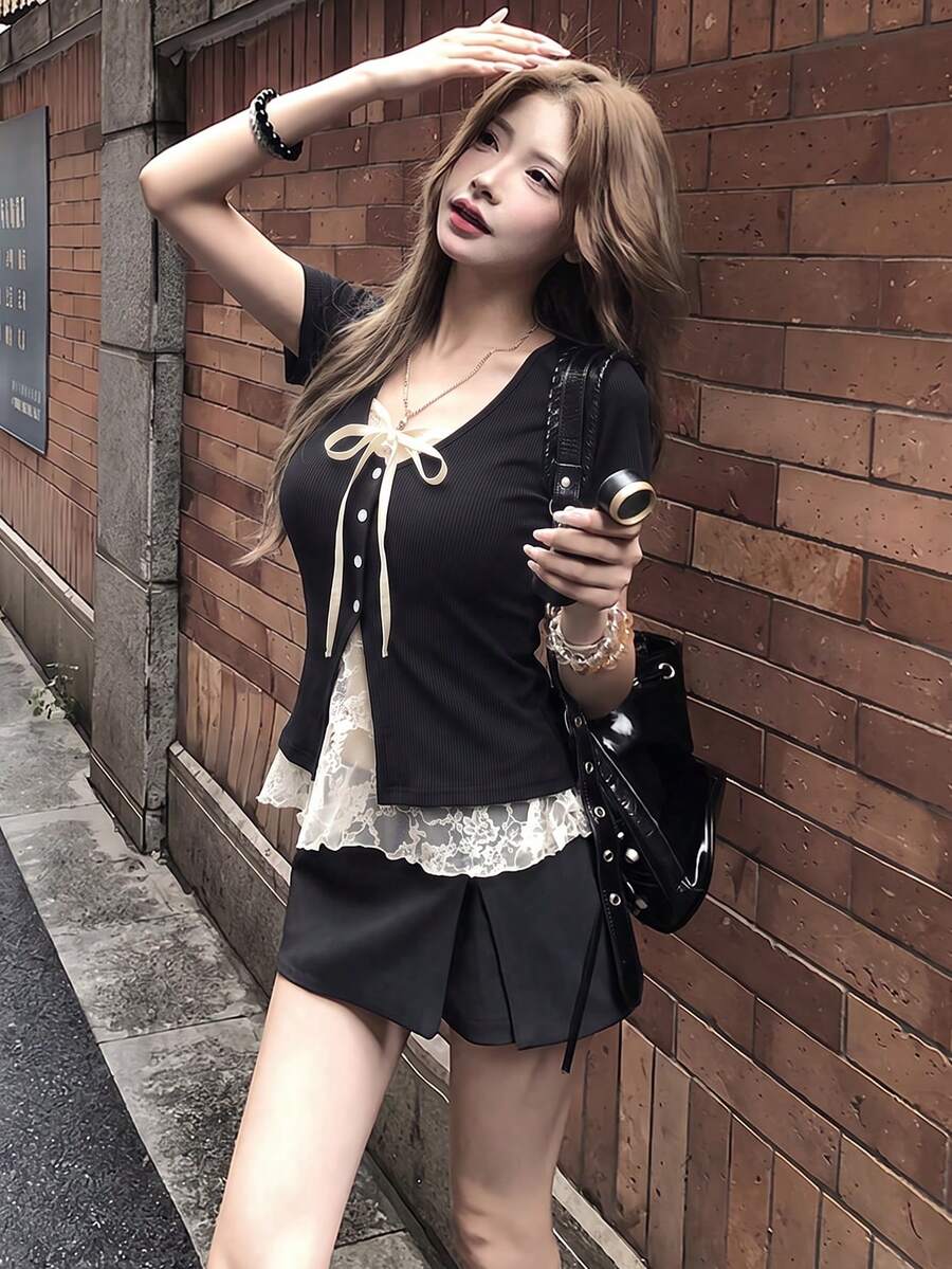 Korean Style Lace Patchwork Short Sleeve Blouse, Fitted & Slimming Design, Unique & Summer Top Black - Black - View 1
