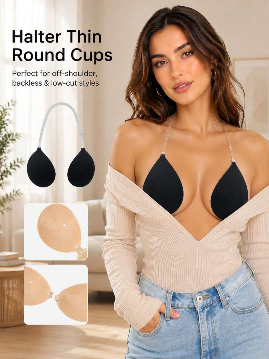 1pc Round Cup Push-Up Invisible Adhesive Bra, Adjustable Straps, Suitable For Camisole And Backless Dress - Multi-color - View 1