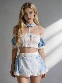 New Cosplay Maid Uniform Set, Bandeau Lace Bell Choker Outfit, Sweet Kawaii Role Play Costume - Baby Blue - View 5