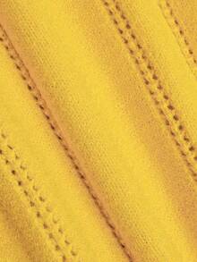 DONICY Women Elegant Outfit Autumn Winter Polo Collar Knit Cardigan, Vertical Stripe Slim Short Button Down Long Sleeve Top - Mustard Yellow - View 4