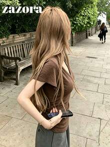 Brown V-Neck Slim Fit Short Sleeve T-Shirt, Korean Style Sexy Slimming Versatile Top - Brown - View 5