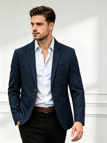 Men's Classic Minimalist Business Suit Jacket, Daily Commute, Casual Entertainment Versatile Plaid Blazer Top - Navy Blue - View 2