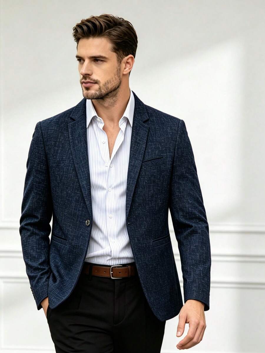 Men's Classic Minimalist Business Suit Jacket, Daily Commute, Casual Entertainment Versatile Plaid Blazer Top - Navy Blue - View 1