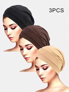 3pcs Women's Double Crossed Stretchy Beanie Hats, Base Layer Hat Scarf Headgear, Suitable For Daily Use Sleep Bonnet,Holiday,Festival - Multicolor - View 32