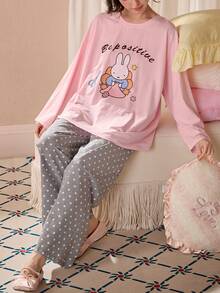 Gongdie 2pcs Miffy Women's Pajama Set, Autumn Pink Soft Cotton Loungewear With Pockets - Pink - View 4