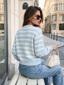 Women's Autumn Blue & White Striped Knit Cardigan, Round Neck, Button Front, Lantern Sleeves, Ribbed Hem, Casual Back To School Daily Top - Blue and White - View 2