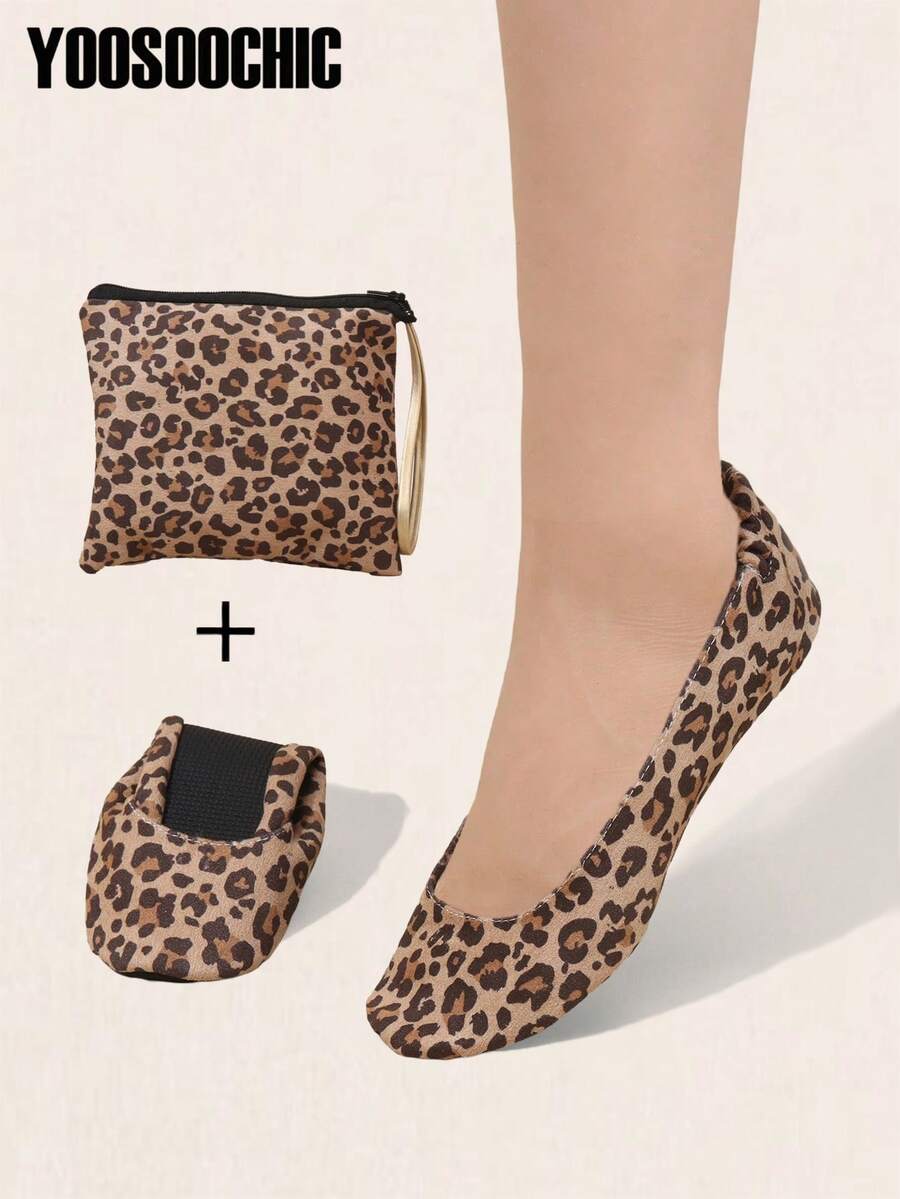 Leopard Print Lightweight Skin-Friendly Indoor Dance Shoes, Slip-On Soft Comfortable Foldable Ballet Shoes For Women - Leopard - View 1