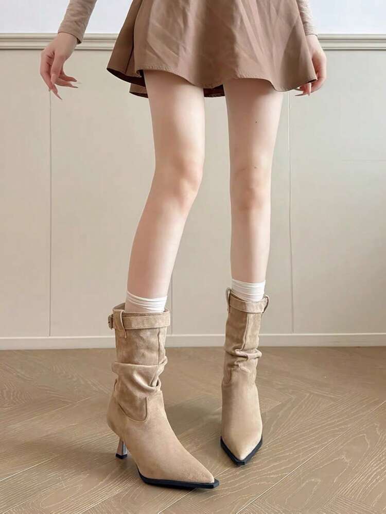 New Women's Brown Rivet Decor Suede Pointed Toe Stiletto Heel Ankle Boots - Brown - View 7