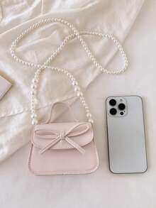 1 buah Tas Tangan Anak Perempuan Motif Pita Warna Polos Bahan PU dengan Penutup Magnet dan Tali Rantai Mutiara, Cocok untuk Penggunaan Sehari-hari di Semua Musim - A - View 6