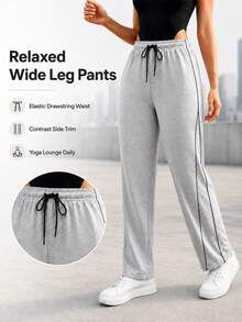 Women's Relaxed Fit Wide Leg Pants With Elastic Drawstring Waist And Contrast Side Trim Casual Lounge Trousers - Grey - View 3