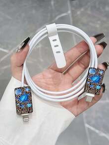 Leopard Print & Ocean Element Pattern Phone Charger Set 20W/18W, Charger Head Protective Case, Compatible With Apple 13/16/15/14 Charger Protection Set - Multicolor - View 3