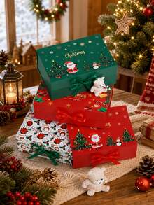 1PC Christmas Gift Boxes, Festive Decorative Holiday Wrapping Boxes With Ribbon Bow, Reusable Present Packaging For Families Christmas Party Home Gift Giving, Christmas Holiday Party Secret Santa Celebration - Multi-color - View 2