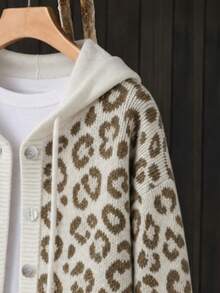 Women's Fashion Leopard Print Hooded Knit Cardigan, Casual Long Sleeve Drawstring Button Short Sweater Jacket, Loose Fit Autumn/Winter Outerwear - Camel - View 4
