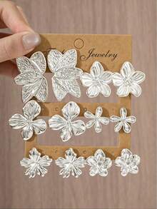 2/12PCS Women's Fashion Elegant Exquisite Floral Circle Multi-Element Silver Metallic Earrings Set, Suitable For Women's Daily Wear In Various Occasions - Silver - View 6
