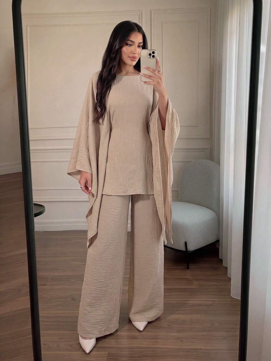 女士假日休闲优雅收腰蝙蝠袖宽松两件套春季 - 卡其 - 查看 1