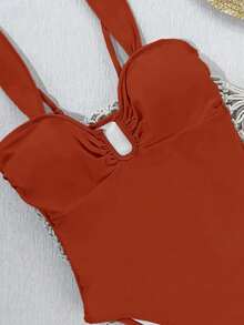 HOTTIE HABIT Women's Red U-Neck Ruched Bust Wide Strap One-Piece Swimsuit, High Cut Solid Color One-Shoulder Swimwear, Suitable For Summer Beach Pool Vacation - Red - View 3