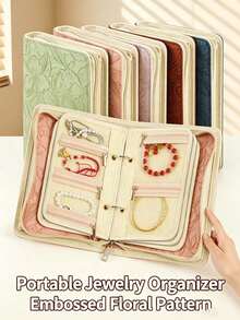 1pc/3pcs Elegant Embossed Floral PU Leather Jewelry Organizer Book, Book-Shaped Rectangular Design, Multi-Layer Detachable Zipper Pockets, Classified Storage, Portable Jewelry Storage Folder, Suitable For Travel, Bedroom Vanity And Daily Use - Multicolor - View 1