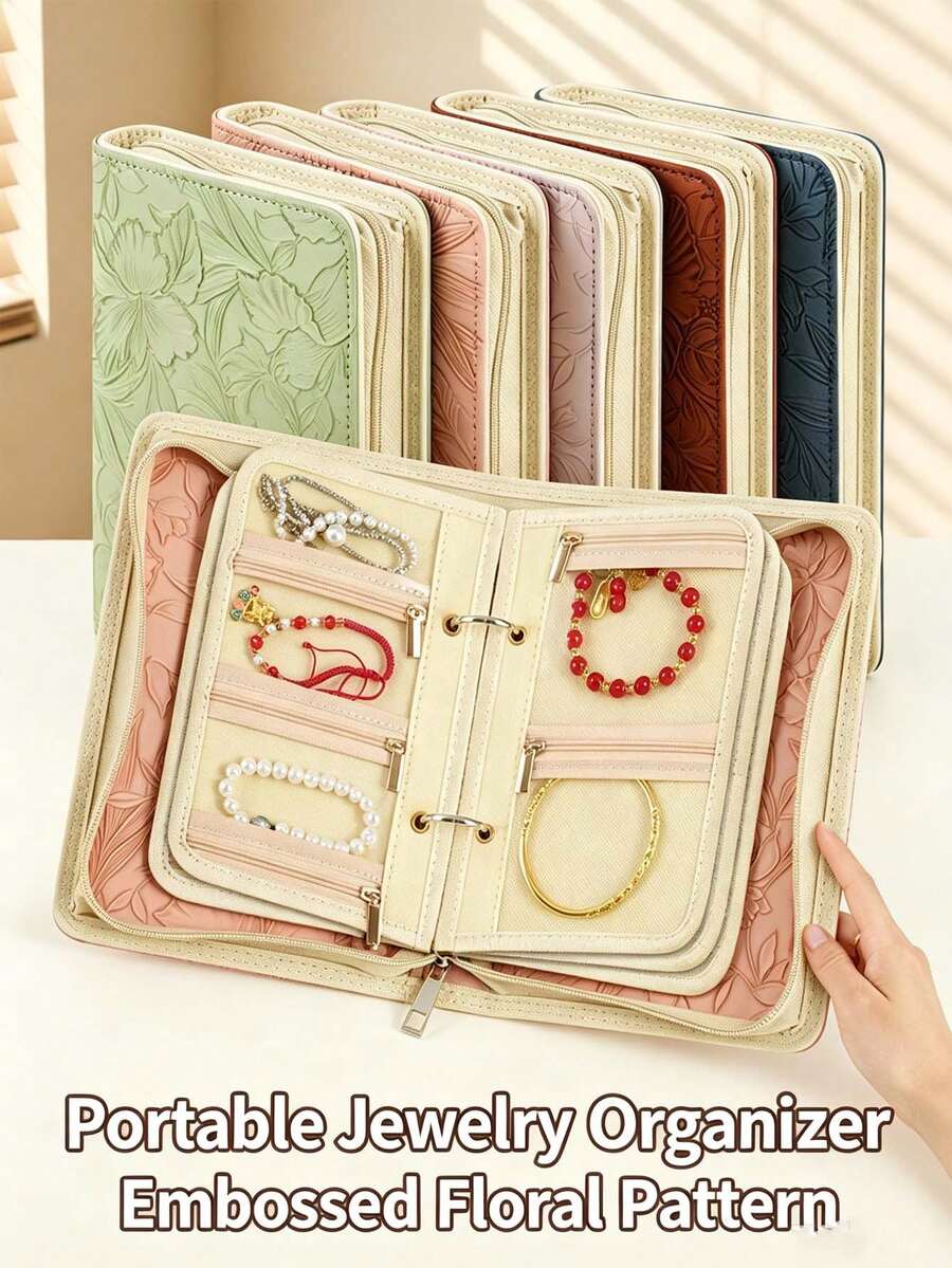 1pc/3pcs Elegant Embossed Floral PU Leather Jewelry Organizer Book, Book-Shaped Rectangular Design, Multi-Layer Detachable Zipper Pockets, Classified Storage, Portable Jewelry Storage Folder, Suitable For Travel, Bedroom Vanity And Daily Use - Multicolor - View 1