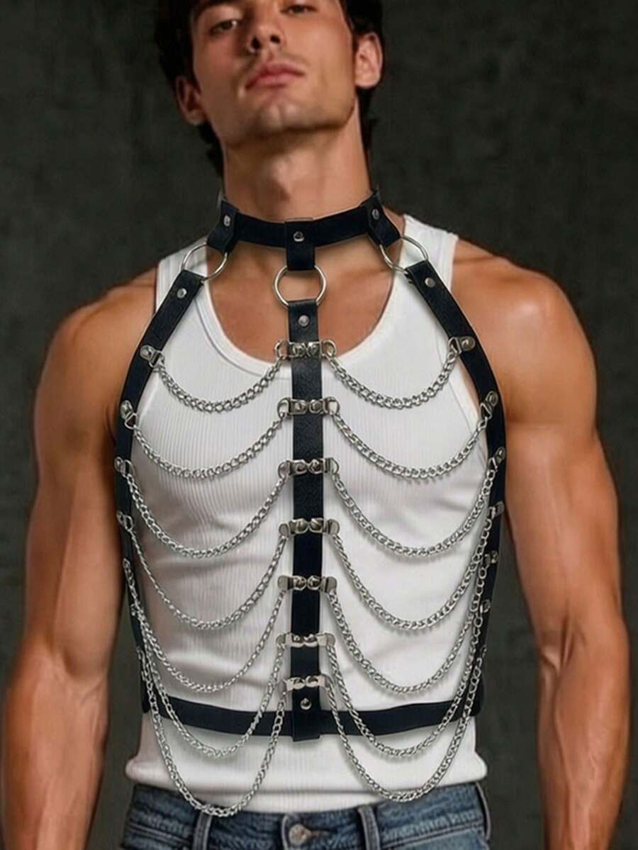 1PC Men's PU Leather Harness Belt With Mutil-Layer Chains,Fashion Punk Style Body Decortive Belt For Daily And Halloween Party - Black - View 1