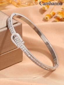 1 buah Gelang Berlian Imitasi Satu Baris Stainless Steel Kreatif dan Indah dengan 3 Lubang di Tengah, Cocok untuk Wanita Kenakan Saat Kencan - Perak - View 20