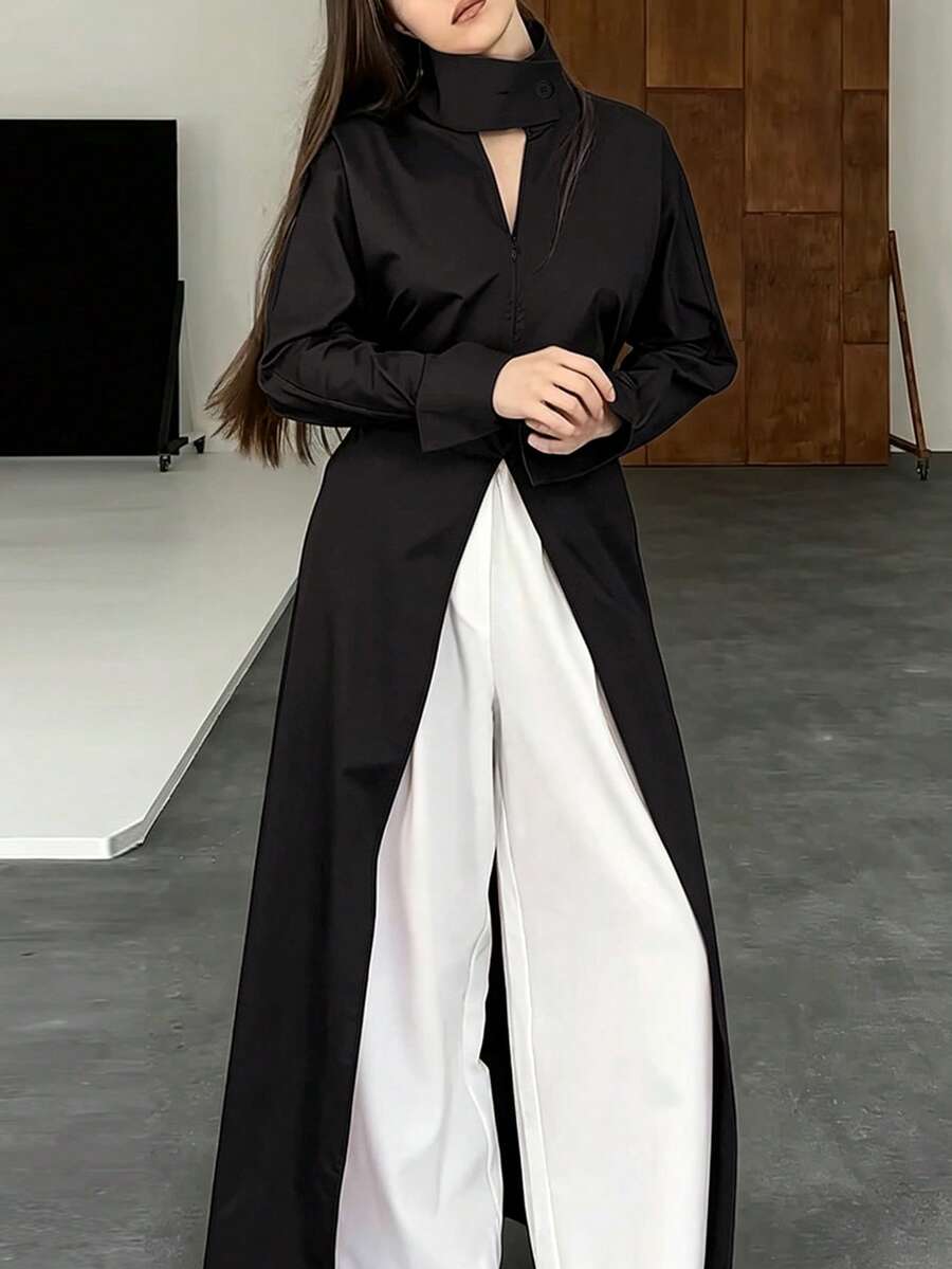 Women's Fashion Elegant High Neck Long Sleeve Zipper High Slit Robe Top, Solid Color Button Zipper High Slit To Thigh, Suitable For Commuting, Daily Wear, Dating