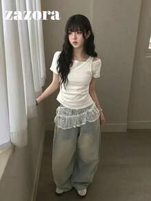 Kaos Lengan Pendek Wanita Gaya Korea Musim Panas dengan Bahu Asimetris, Model 2 in 1, Slimming, Serbaguna, dan Patchwork, Warna Putih Kasual - Putih - View 1