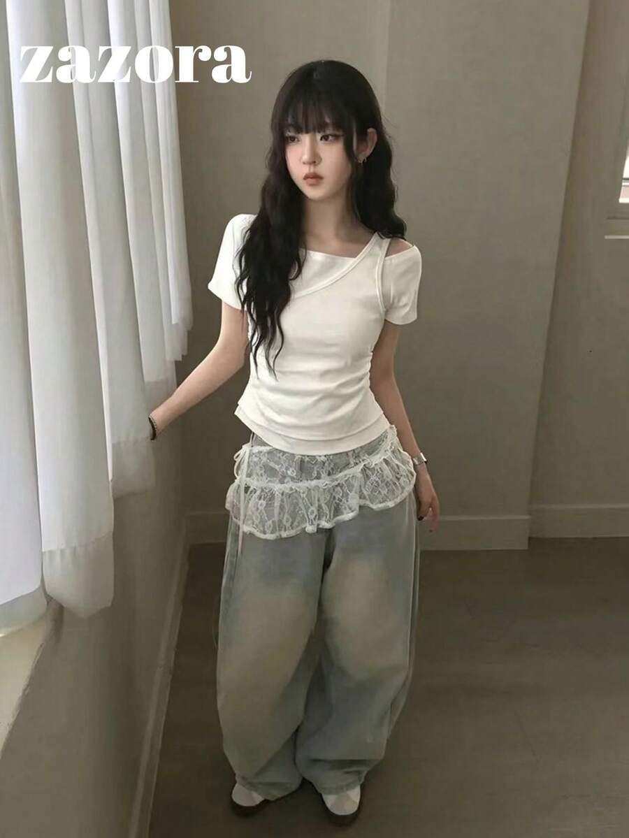 Kaos Lengan Pendek Wanita Gaya Korea Musim Panas dengan Bahu Asimetris, Model 2 in 1, Slimming, Serbaguna, dan Patchwork, Warna Putih Kasual - Putih - View 1