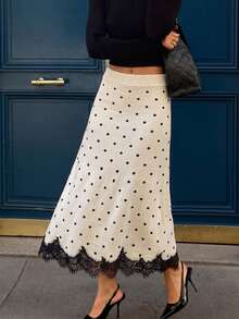 Women's Polka Dot Pattern Contrast Lace Elegant Knitted Midi Skirt - White - View 3