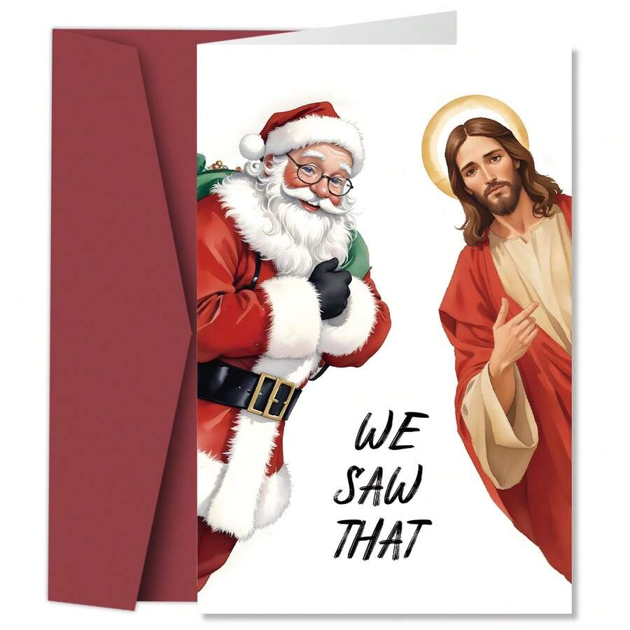 1pc Humorous "We Saw" Christmas Card With Envelope - Funny Santa And Jesus Design Holiday Greeting Card, Christmas Blessing Card For Friends And Family, Holiday Celebration Card, Christmas Gift - A - View 1