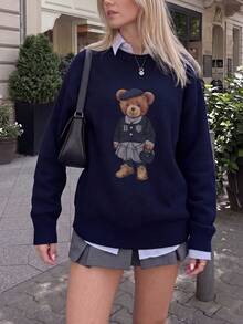 Women's Navy Blue Teddy Bear Print Knit Long Sleeve Crew Neck Pullover, Autumn Essential - Navy Blue - View 7