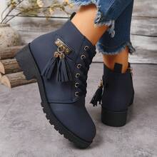 Women's Personalized Tassel Decor Ankle Boots With Metal Buckle Accessory, Lace-Up Closure And Side Zipper For Easy On/Off, Casual Daily Wear And Dating, Pairs With Pants - Blue - View 3
