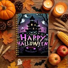 1pc 14*21cm Spiral Notebook, Happy Halloween Spooky Haunted House Design For School, Home, Office, Note Taking, Journaling, Daily Planner, Spooky Mansion Ghost Pumpkin Spider Web Graveyard Night Scene Pattern - Multicolor - View 5