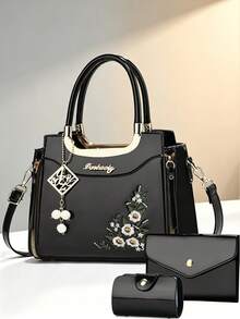 Women 3‑Piece Floral Embroidered Handbag Set, Patent Leather Top‑Handle Satchel Crossbody Bag With Purse & Card Holder - Violet Purple - View 11