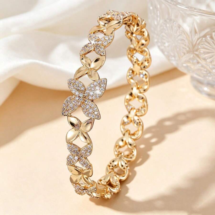 1pc Exquisite Geometric Windmill Leaf Shaped Design Cubic Zirconia Inlaid Women's Bracelet - Multicolor - View 1