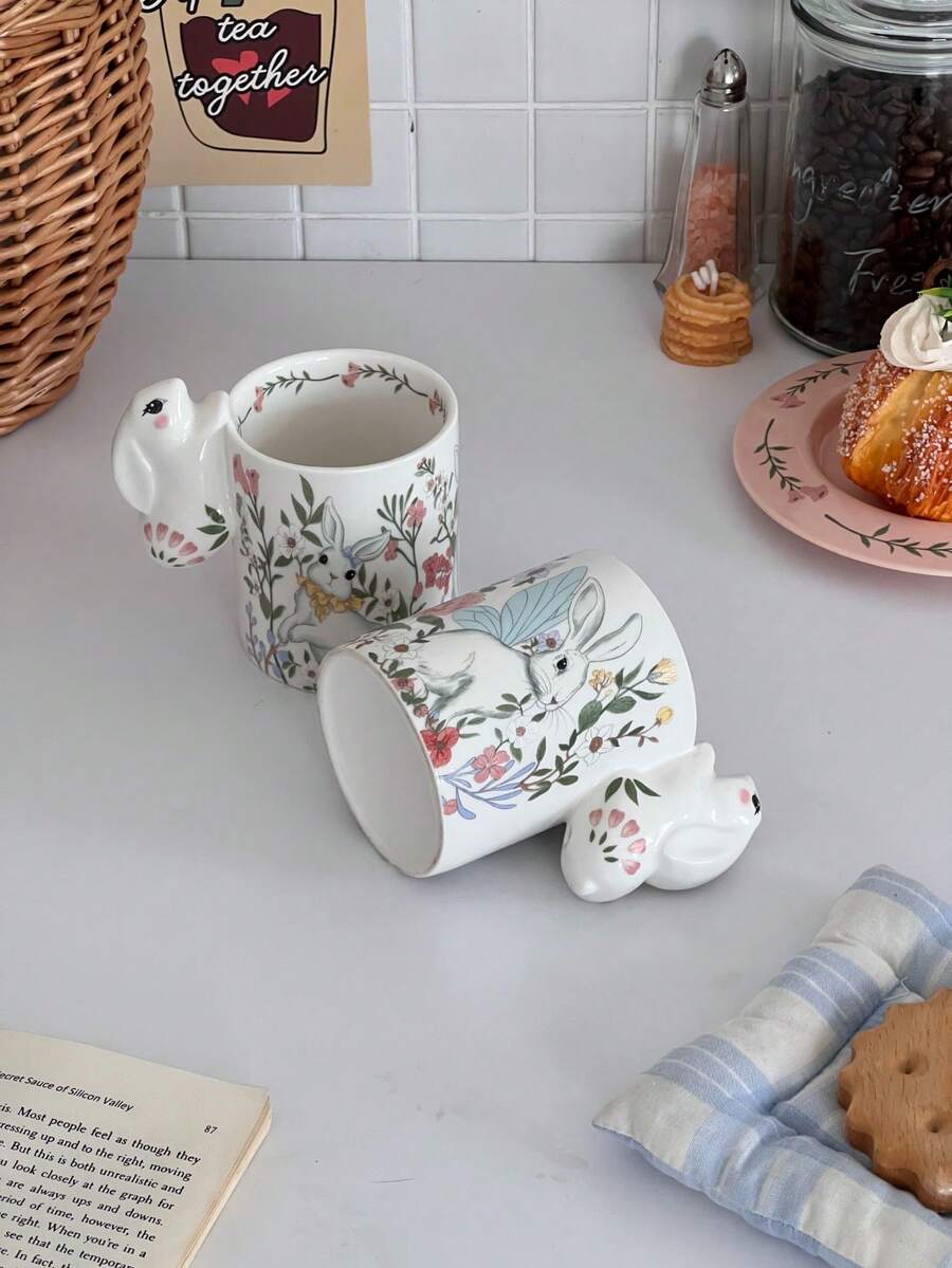 Flower Rabbit, Rabbit Ear Handle Cup, Fun Cup, Cute Rabbit Ear Handle, Suitable For Daily Office Use, Such As Coffee, Juice Or Milk, Applicable For Home, Office Or Restaurant, Holiday Back To School Season Gift, Exquisite Souvenir Gift - Multicolor - View 1