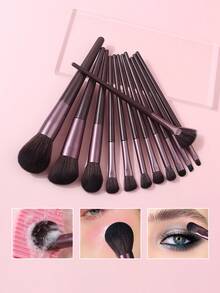 15Pcs Makeup Brush Kit, 12Pcs Face & Eye Makeup Brushes + Makeup Sponge + Triangle Powder Puff + Silicone Brush Cleaner, Soft Fiber For Foundation Blush Eyebrow Eyeshadow Daily Makeup - Coffee Brown - View 5