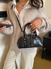 Vintage Shell Handbag, Luxury Rivet Metal Buckle, Fashion Commute Minimalist Women's Bag - Black - View 4