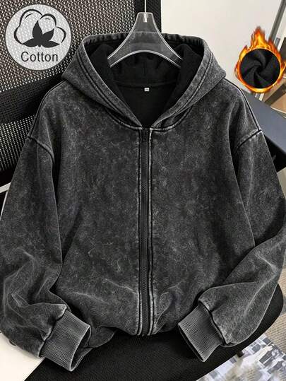 [Smple] Men's Autumn/Winter Washed Hooded Fleece Zip-Up Sweatshirt, Versatile For Sporty, Casual, Retro, And Autumn/Winter Street Styles
